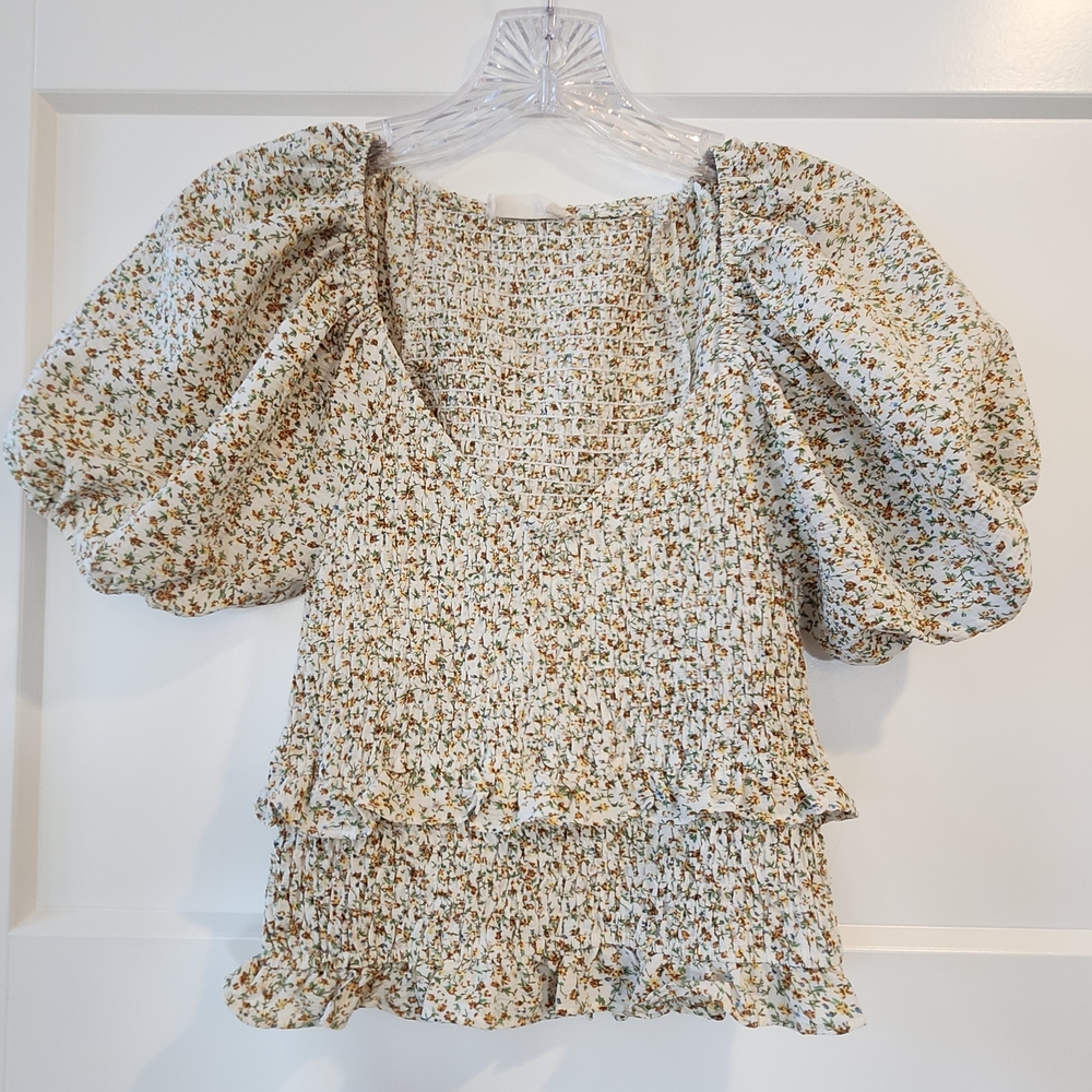 Altar'd State Floral Smocked Blouse with Puff Sleeves